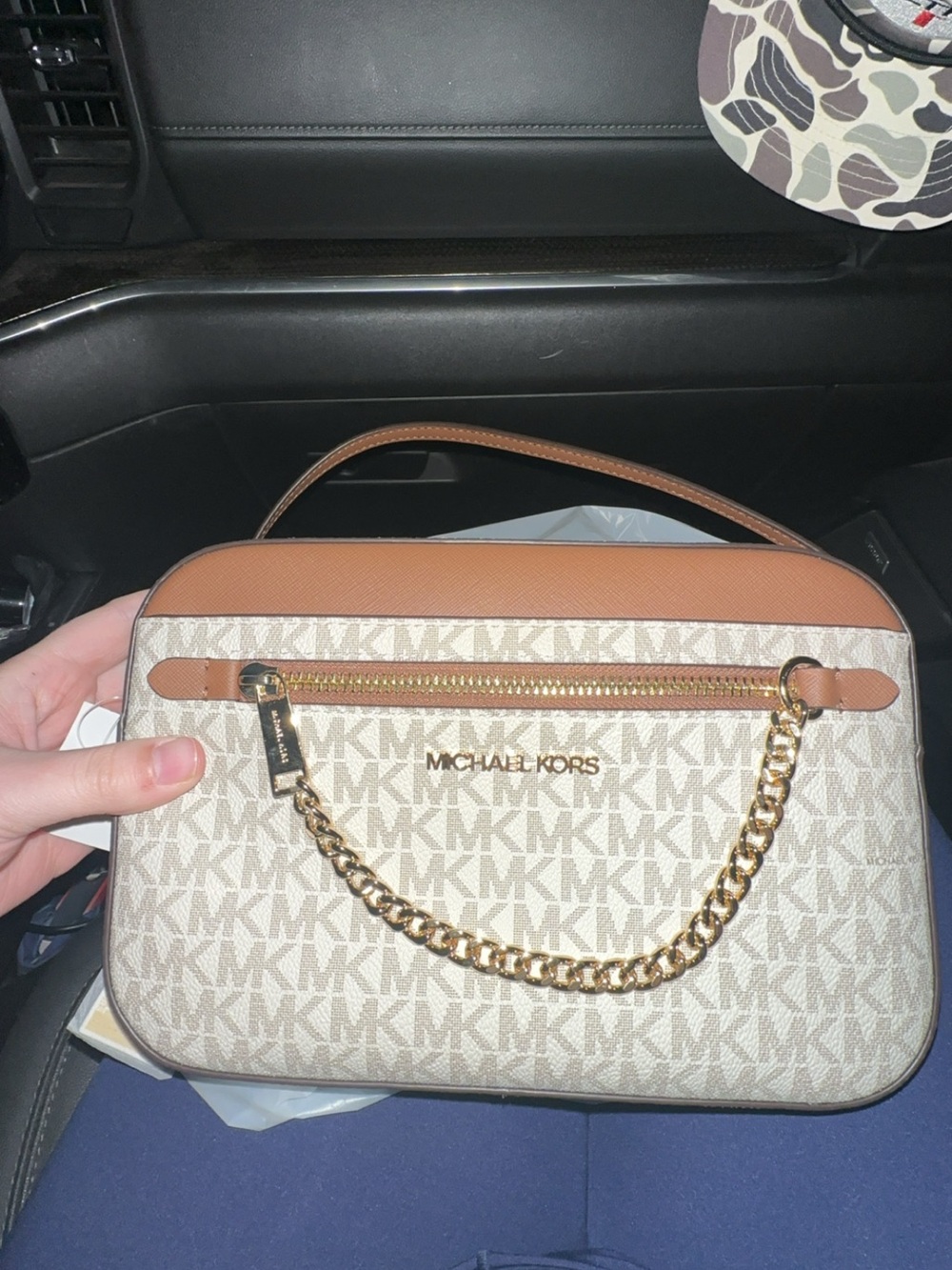 Michael Kors Beige and Brown Signature Chain-Accent Crossbody Bag